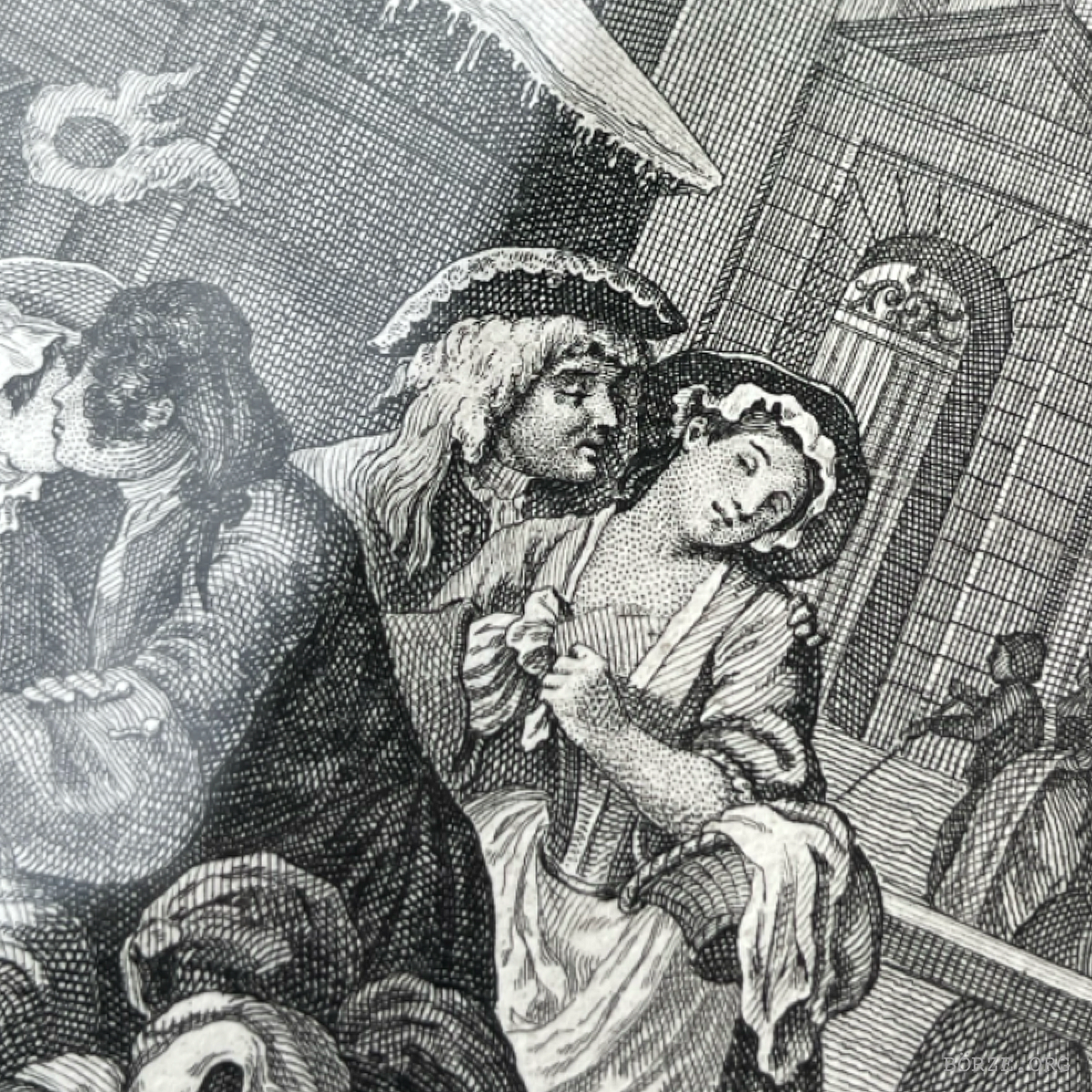 19TH CENTURY HOGARTH MORNING (THE FOUR TIMES OF THE DAY) ORIGINAL FRAMED ETCHING RUPENHAUSEN PRINT