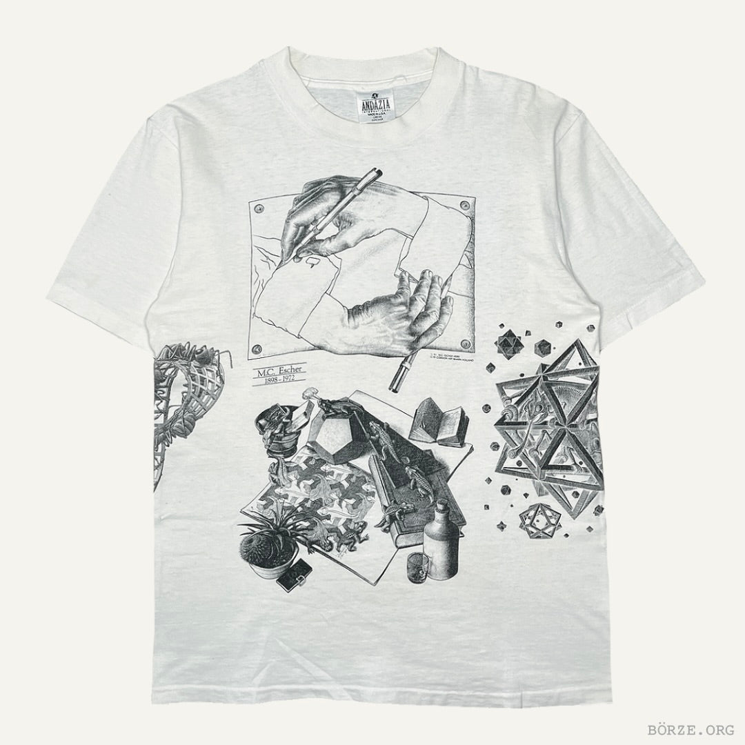 1991 MC ESCHER AOP 'PARADOX' ANDAZIA CORDON ART BAARN-HOLLAND AOP VINTAGE ART T-SHIRT LARGE