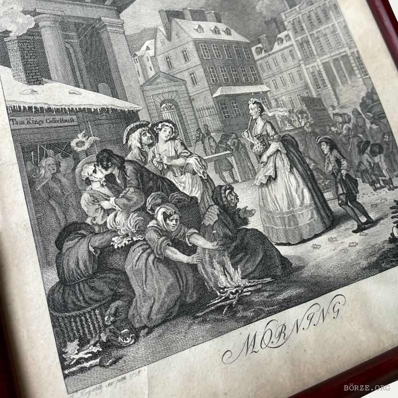 19TH CENTURY HOGARTH MORNING (THE FOUR TIMES OF THE DAY) ORIGINAL FRAMED ETCHING RUPENHAUSEN PRINT