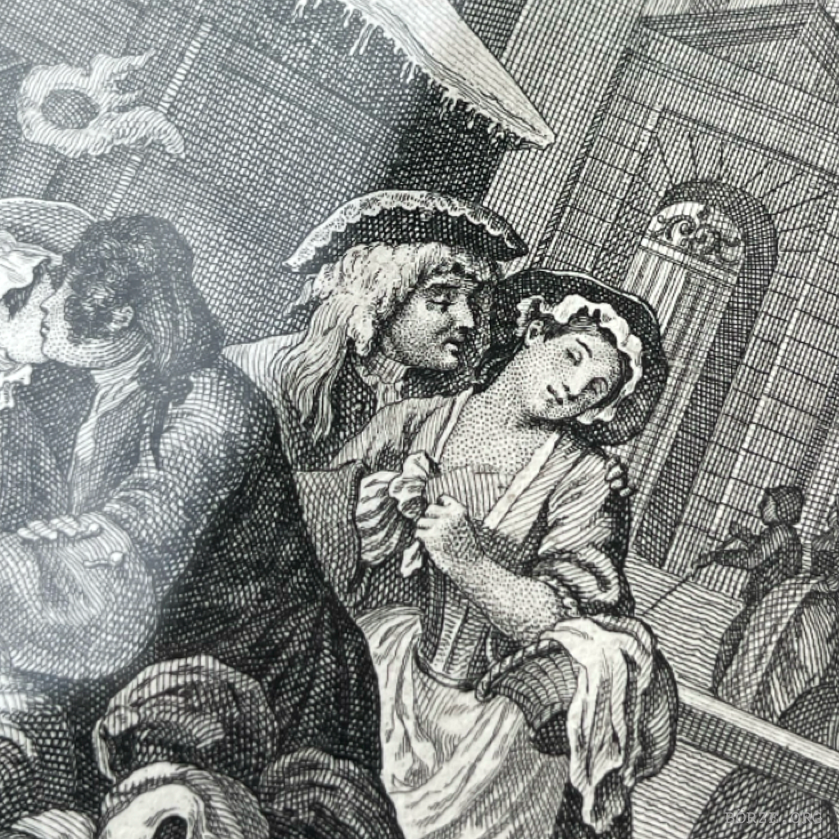 19TH CENTURY HOGARTH MORNING (THE FOUR TIMES OF THE DAY) ORIGINAL FRAMED ETCHING RUPENHAUSEN PRINT