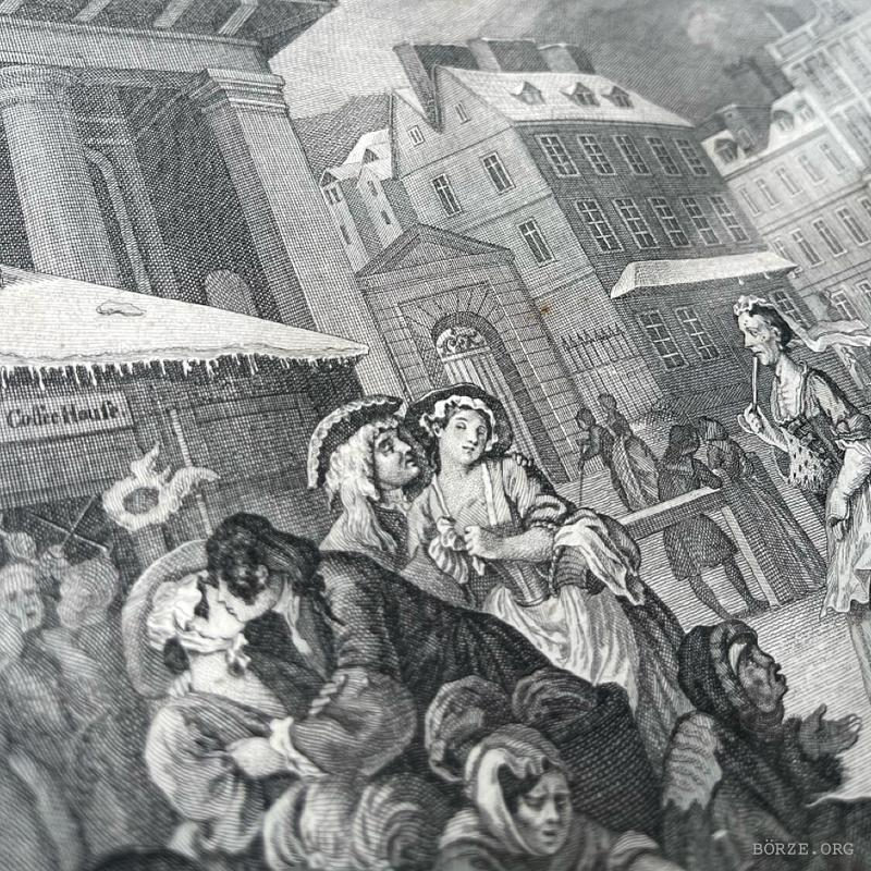 19TH CENTURY HOGARTH MORNING (THE FOUR TIMES OF THE DAY) ORIGINAL FRAMED ETCHING RUPENHAUSEN PRINT