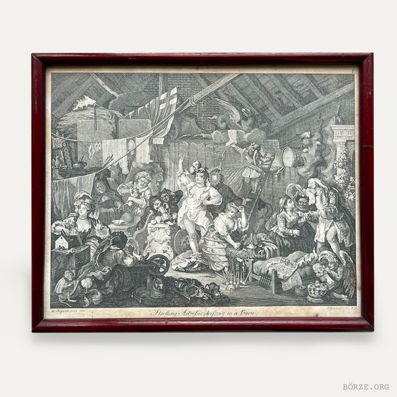 19TH CENTURY HOGARTH STROLLING ACTRESSES DRESSING IN A BARN ORIGINAL FRAMED ETCHING RUPENHAUSEN PRINT