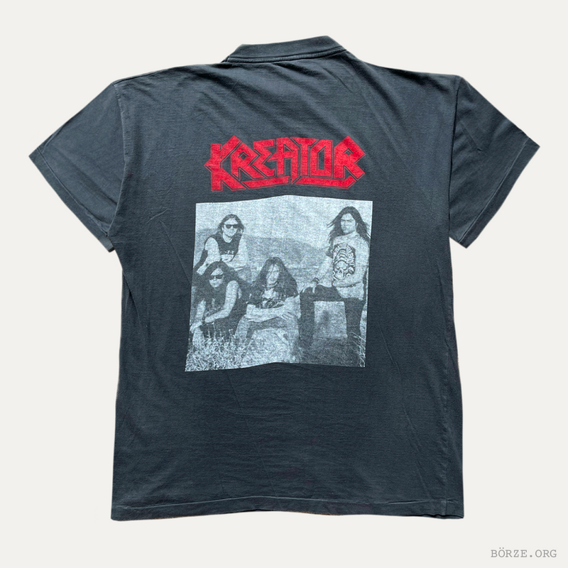Black t-shirt with red 'Kreator' logo and black and white photo of band members on a white background