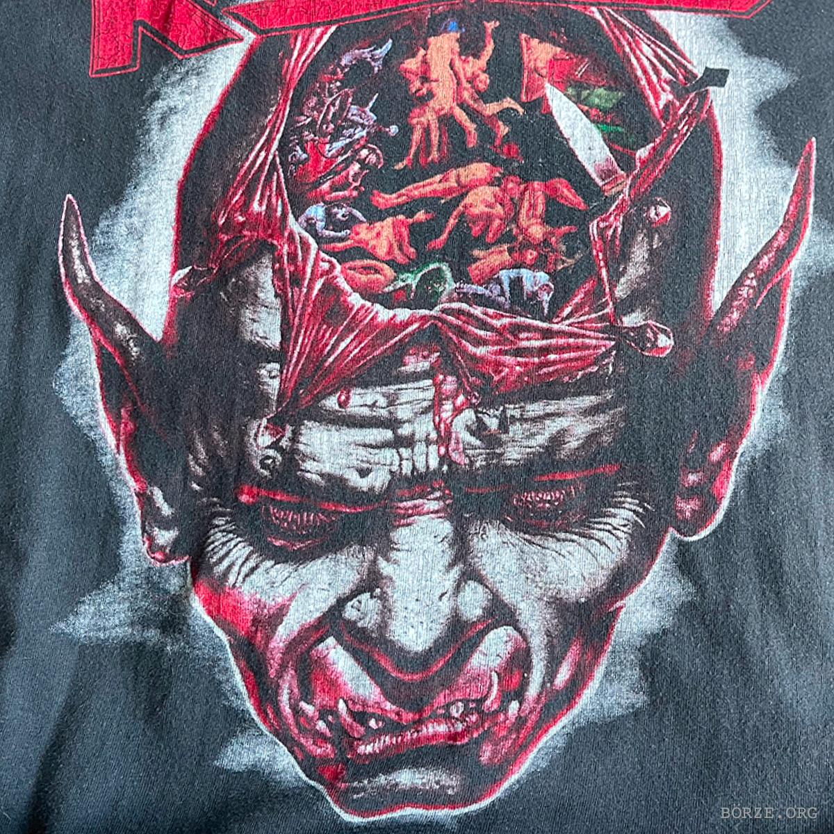 Detailed illustration of a demonic face with red accents on a dark background