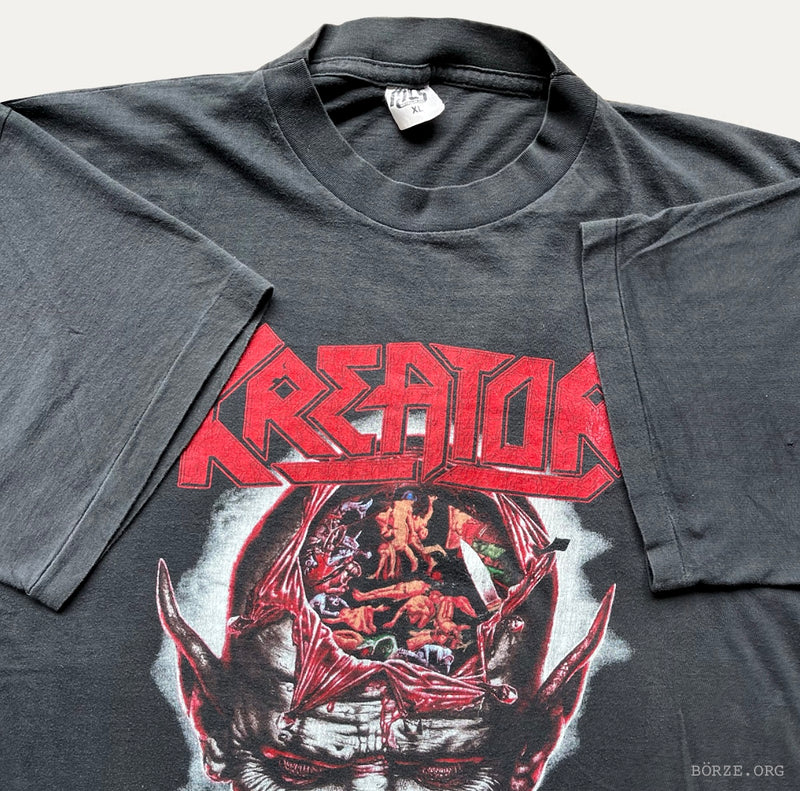 Black t-shirt with red and white graphic design on a plain background