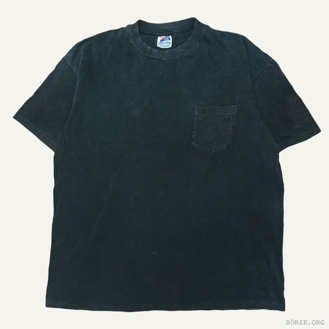 1990s HANES BEEFY SUN FADED GHOST PRINT BLACK VINTAGE POCKET PLAIN BLANK T-SHIRT XL+