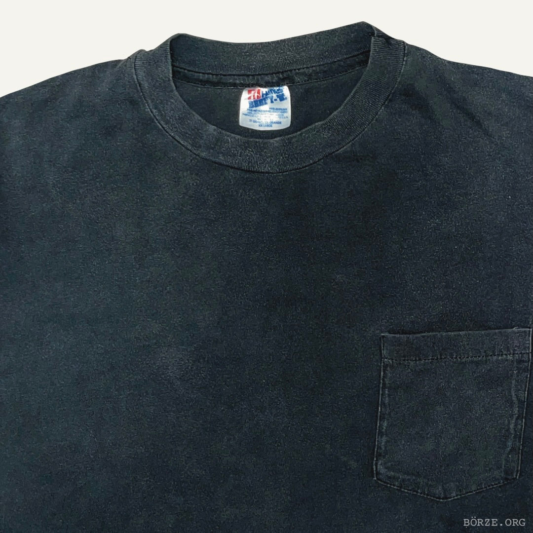 1990s HANES BEEFY SUN FADED GHOST PRINT BLACK VINTAGE POCKET PLAIN BLANK T-SHIRT XL+