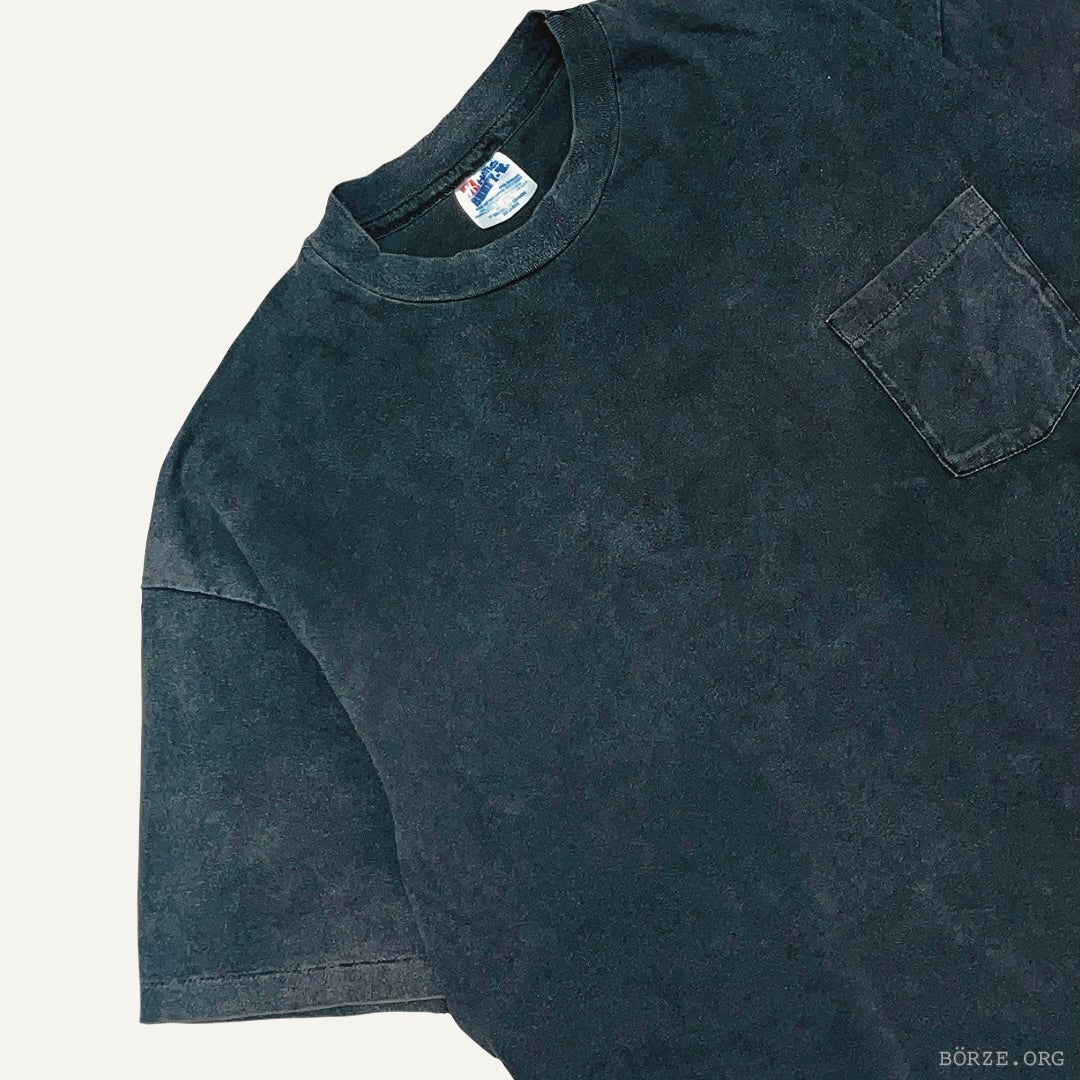 1990s HANES BEEFY SUN FADED GHOST PRINT BLACK VINTAGE POCKET PLAIN BLANK T-SHIRT XL+