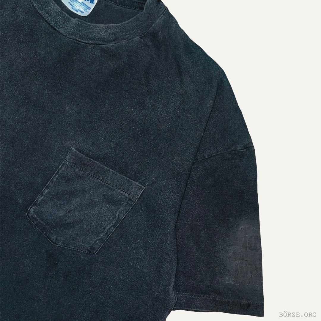 1990s HANES BEEFY SUN FADED GHOST PRINT BLACK VINTAGE POCKET PLAIN BLANK T-SHIRT XL+