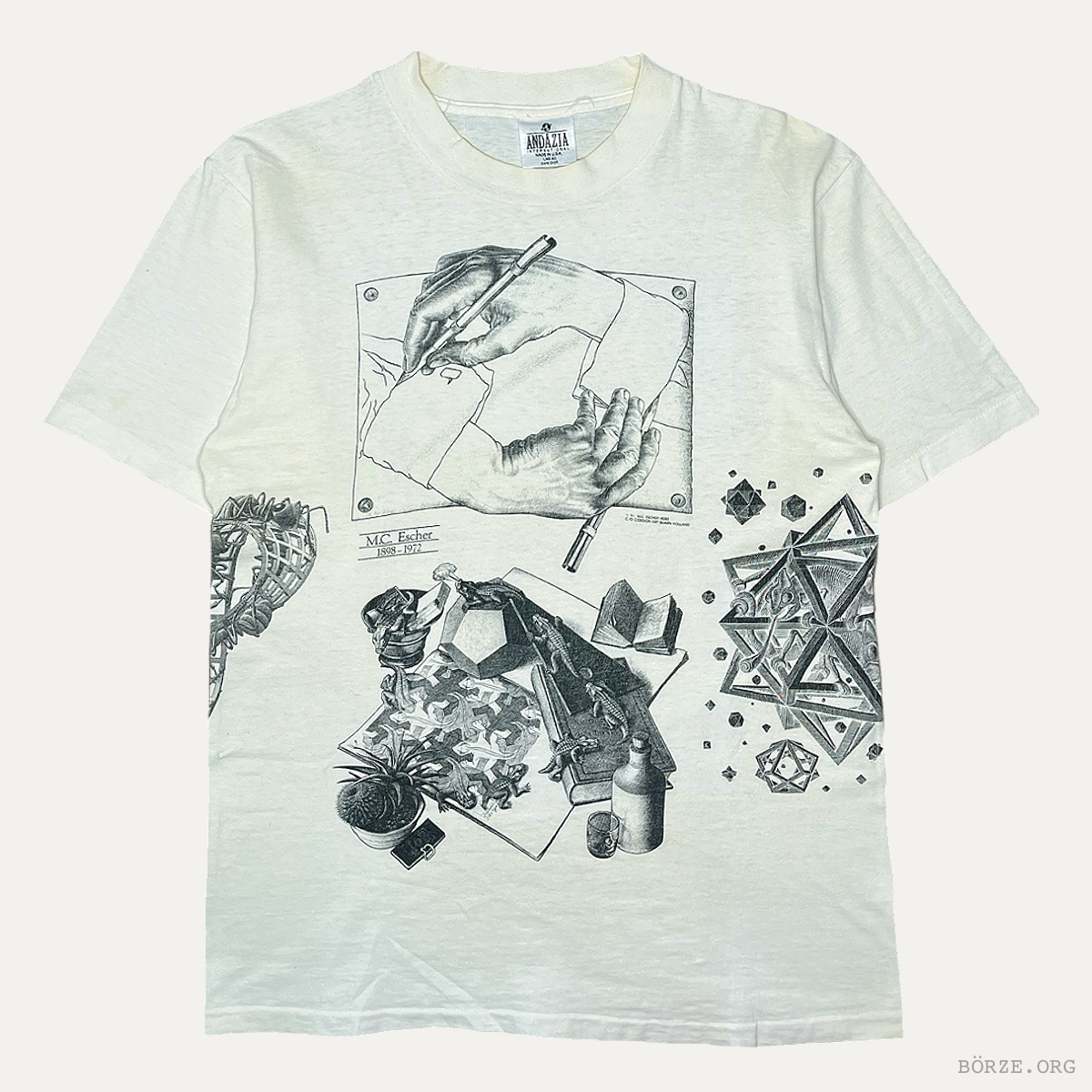 1991 MC ESCHER 'PARADOX' ALL OVER PRINT ANDAZIA CORDON ART BAARN-HOLLAND AOP VINTAGE ART T-SHIRT LARGE