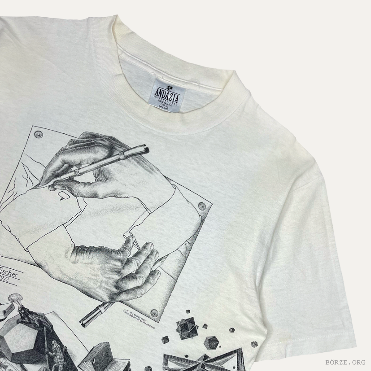1991 MC ESCHER 'PARADOX' ALL OVER PRINT ANDAZIA CORDON ART BAARN-HOLLAND AOP VINTAGE ART T-SHIRT LARGE