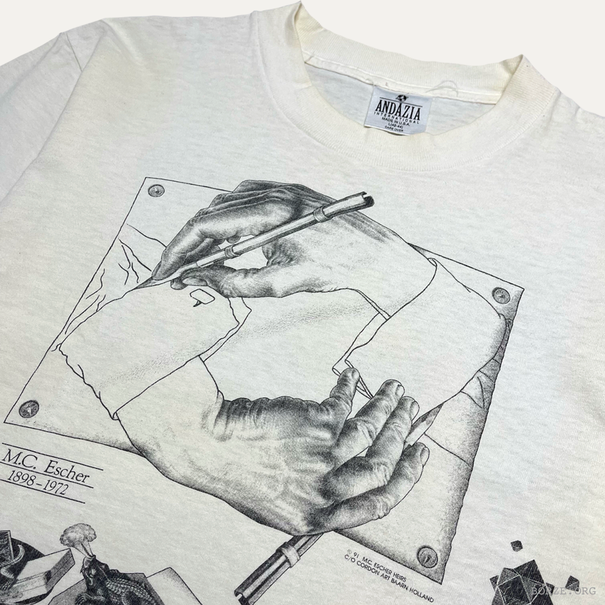 1991 MC ESCHER 'PARADOX' ALL OVER PRINT ANDAZIA CORDON ART BAARN-HOLLAND AOP VINTAGE ART T-SHIRT LARGE