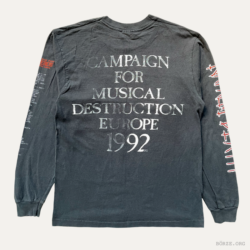 Long-sleeve shirt with text 'Campaign for Musical Destruction Europe 1992' on a white background