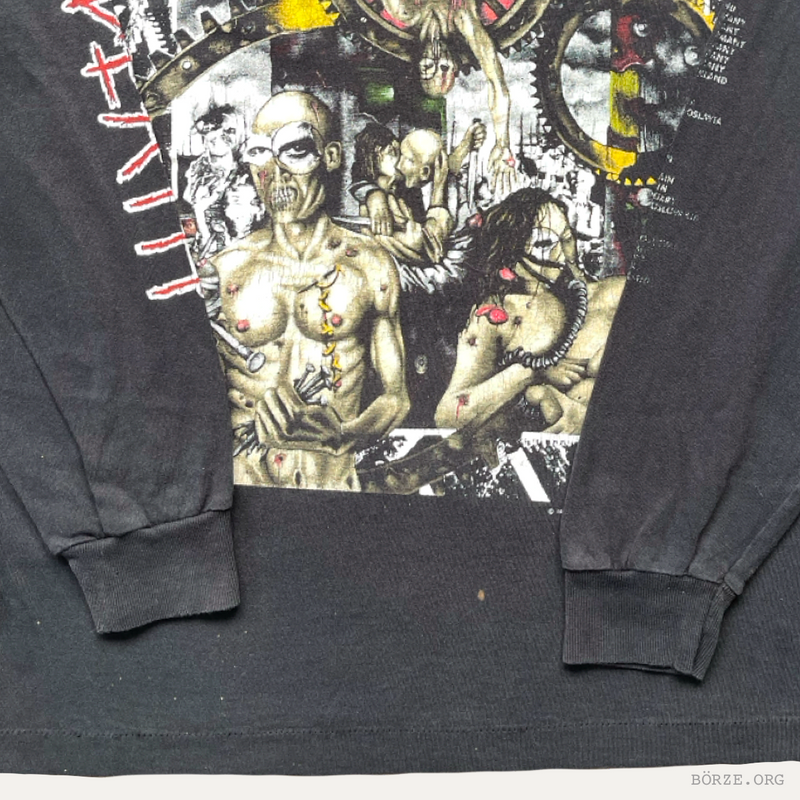 Black long-sleeve shirt with graphic design featuring nude figures and text.