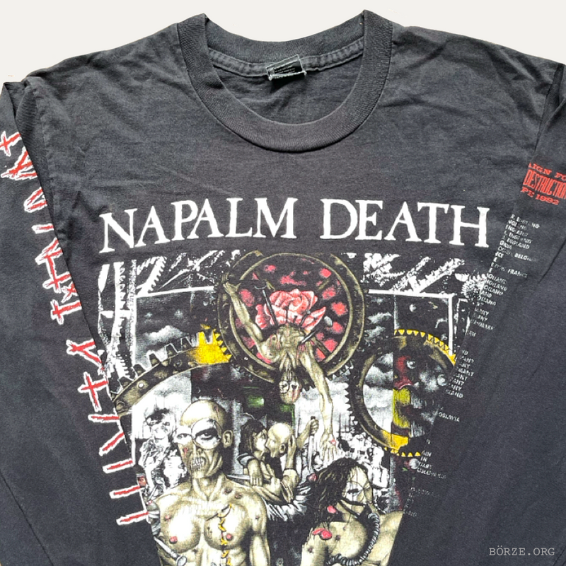 90s rare vintage Napalm Death t-shirt with graphic design and text on a plain background börze org
