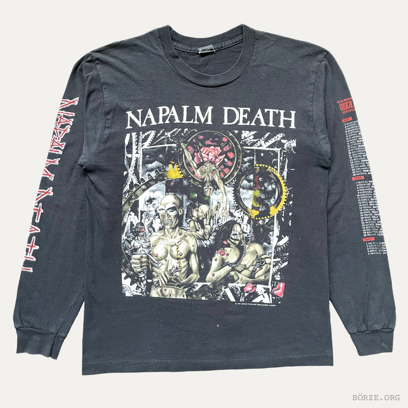 Black long-sleeve vintage shirt with 'Napalm Death' graphic design on a white background brilliant merchandising license börze org premium vintage