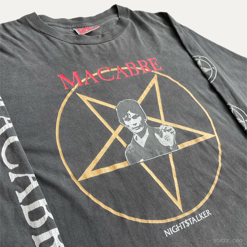 Gray t-shirt with 'Macabre Nightstalker' design featuring a pentagram and a face, on a white background.