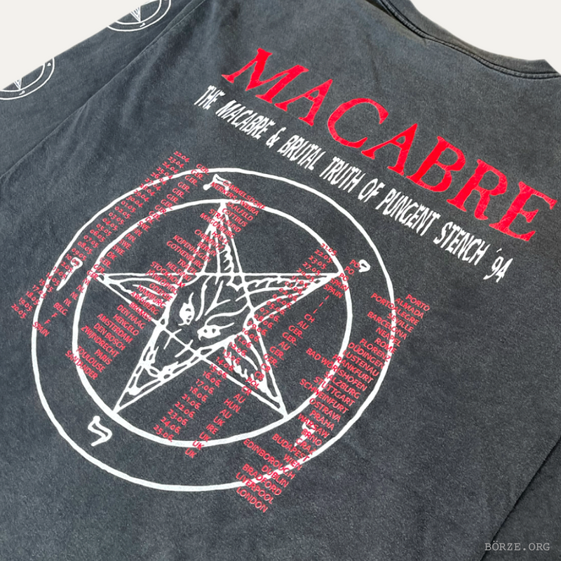 Black t-shirt with red and white graphic design featuring a pentagram and text on a gray background.