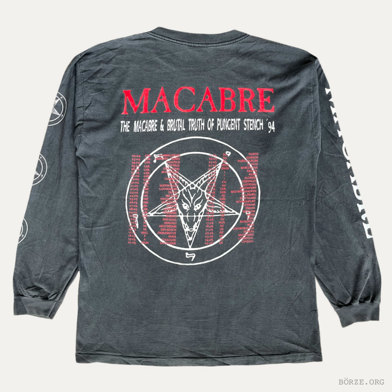 Long-sleeve shirt with 'Macabre' & 'Pungent Stench' 1994 Euro Tour design on the back against a white background börze org