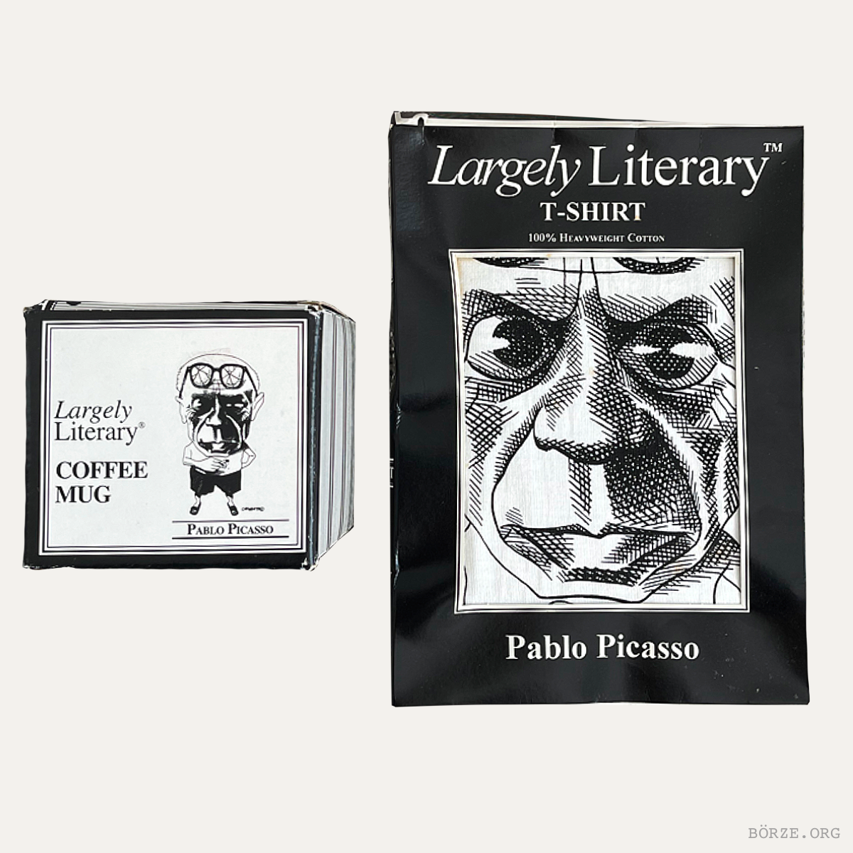 Largely Literary coffee mug and t-shirt packaging with Picasso design