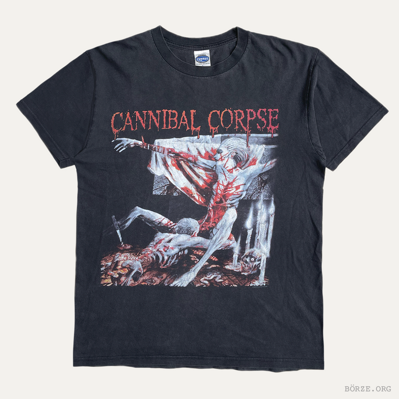 Black t-shirt with 'Cannibal Corpse' graphic design on a white background