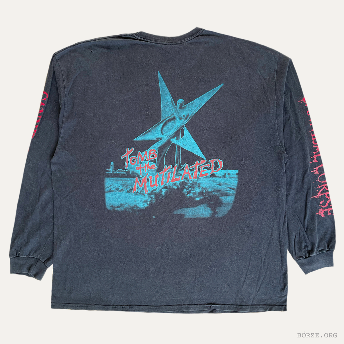 Long-sleeve shirt with graphic design and text on a plain background