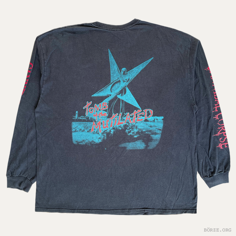 Long-sleeve shirt with graphic design and text on a plain background