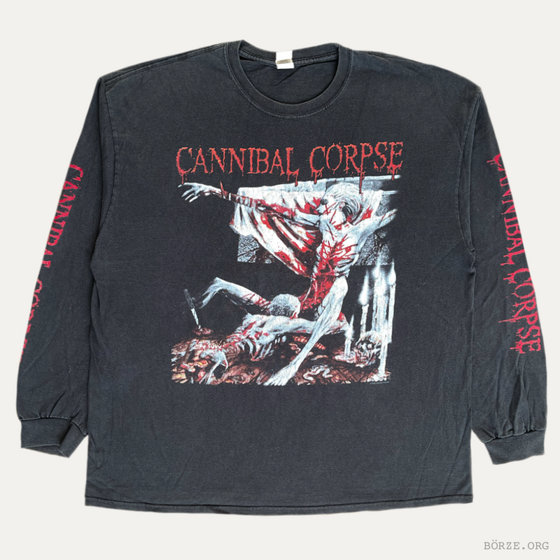 Black long-sleeve shirt with 'Cannibal Corpse' graphic design on a white background