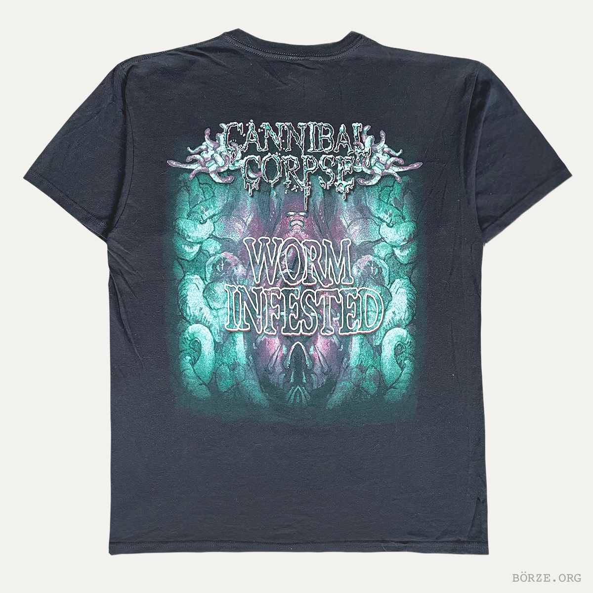 Black t-shirt with 'Cannibal Corpse' graphic design on a white background
