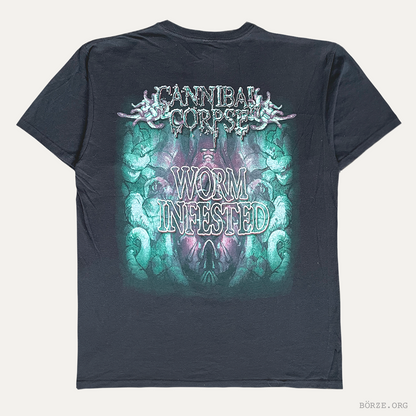Black t-shirt with 'Cannibal Corpse' graphic design on a white background