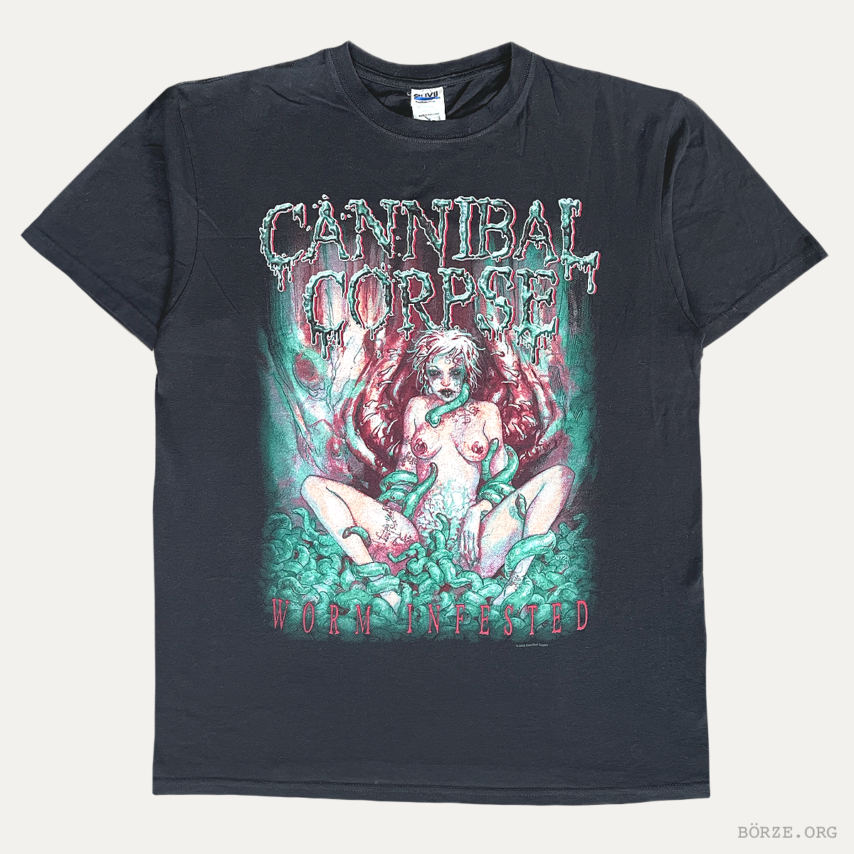 Black Cannibal Corpse Worm Infested 2002 vintage t-shirt with graphic design and text on a white background borze org