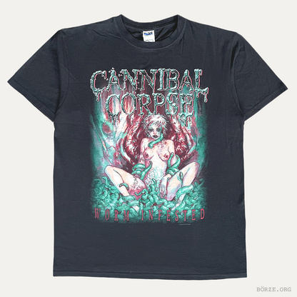 Black Cannibal Corpse Worm Infested 2002 vintage t-shirt with graphic design and text on a white background borze org