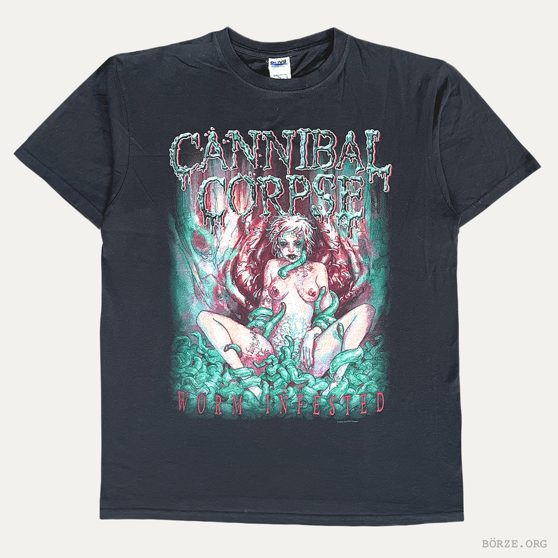 Black Cannibal Corpse Worm Infested 2002 vintage t-shirt with graphic design and text on a white background borze org