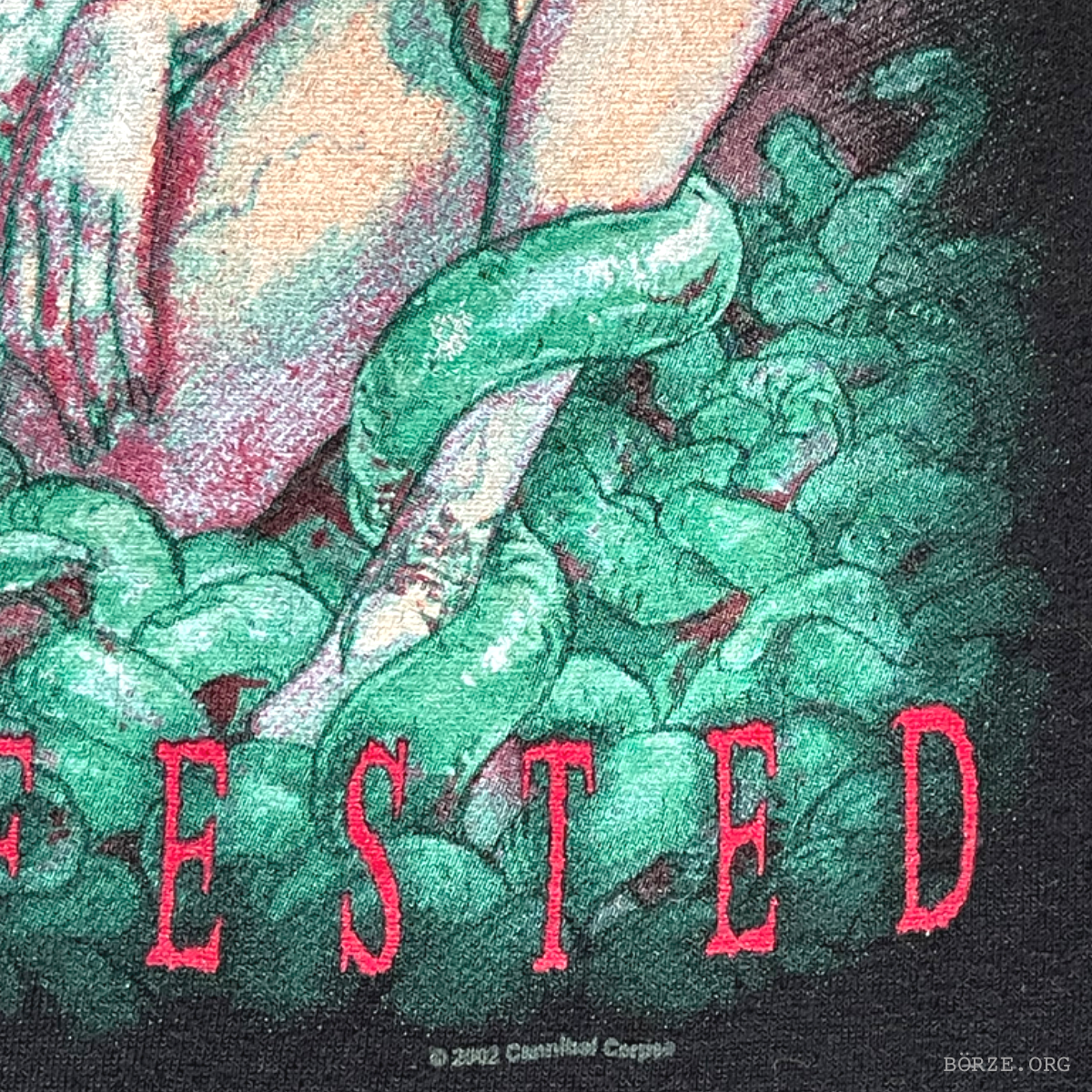 Textile with green fabric and red 'INFEESTED' letters 2002 licensing hit, featuring a brand logo.
