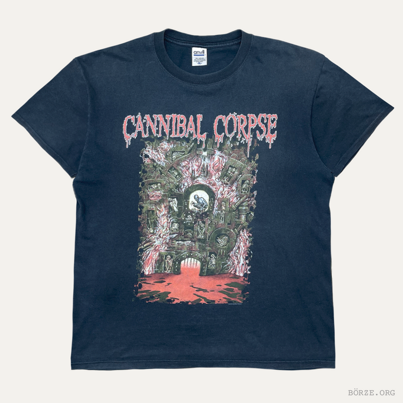Navy blue t-shirt with 'Cannibal Corpse' graphic design on a white background