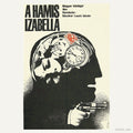 original vintage movie poster for the Hungarian film 'A Hamis Izabella' featuring a black-and-white profile of a man's face with a revolver in his hand, and a cutaway head showing clocks and a face inside. The title is printed in large black letters at the top on an off-white background.