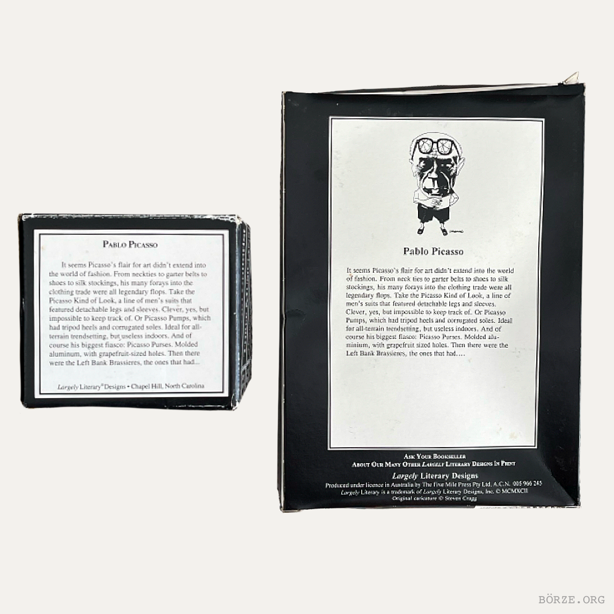Two black and white framed artworks with text and a small illustration of a dog wearing glasses on a white background.