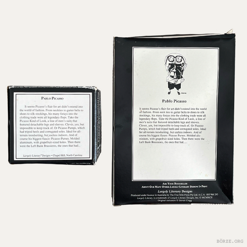 Two black and white framed artworks with text and a small illustration of a dog wearing glasses on a white background.